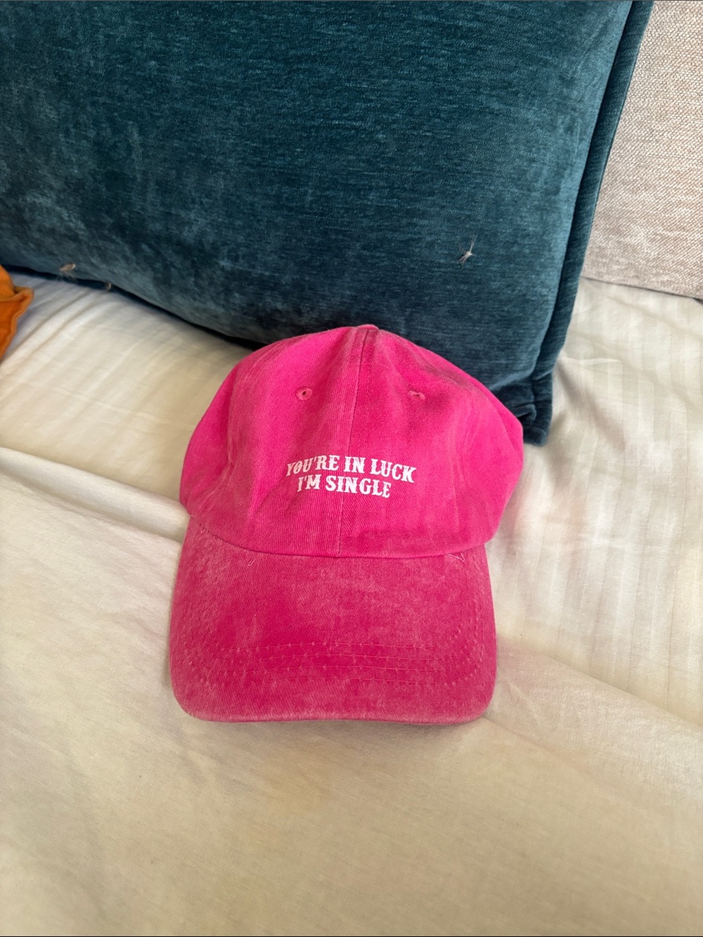 Pink Embroidered Baseball Cap - "You're In Luck I'm Single"
